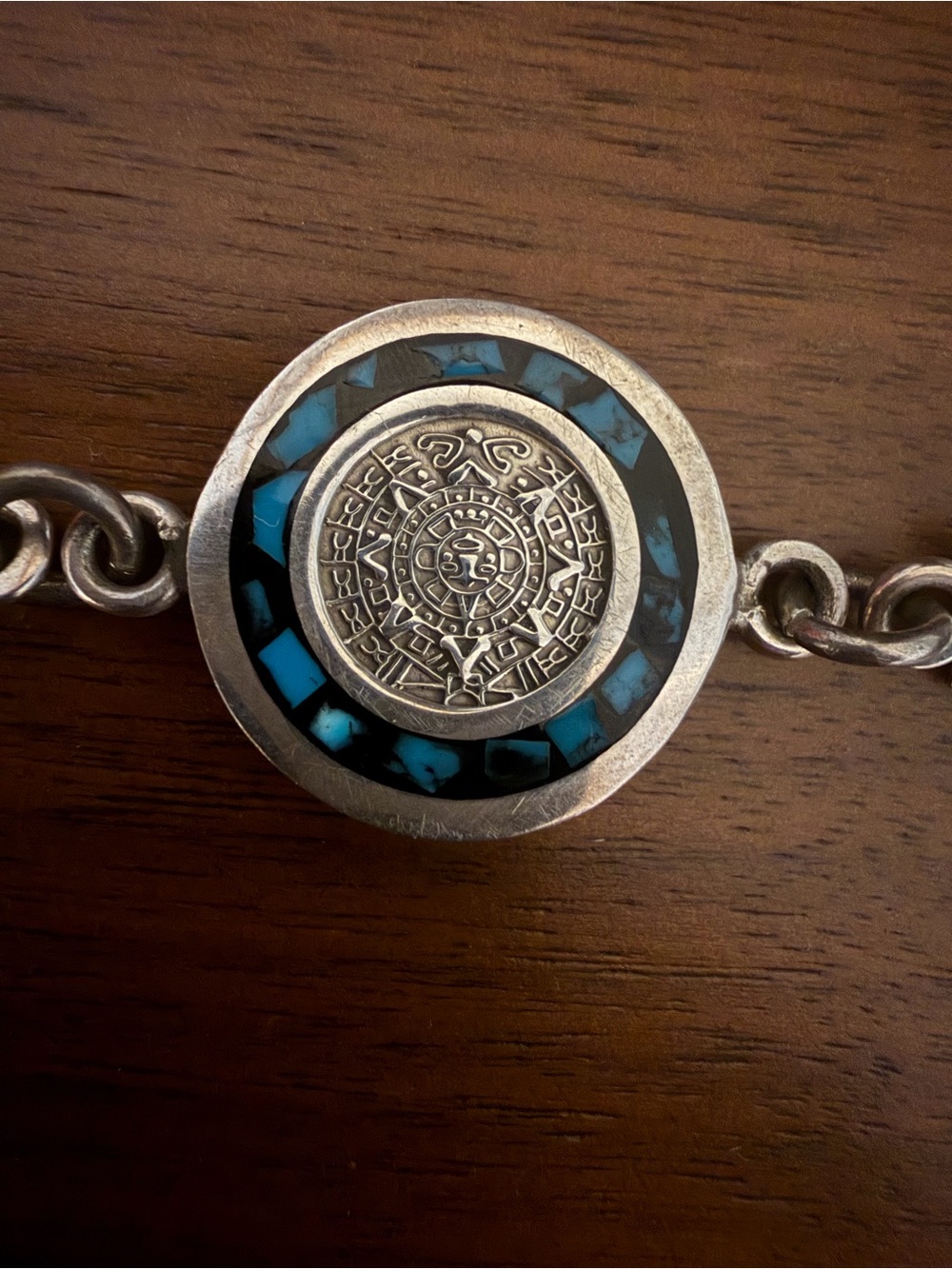 Sterling Silver Aztec Calendar Turquoise Inlay Bracelet